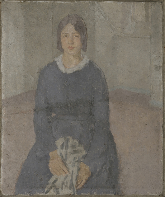 Gwen John (1876-1939), ‘Girl in a Blue Dress Holding a Piece of Sewing’, oil on canvas, included in ‘Homage to Manet’ at Norwich Castle Museum. Image courtesy ©Norwich Castle Museum & Art Gallery.